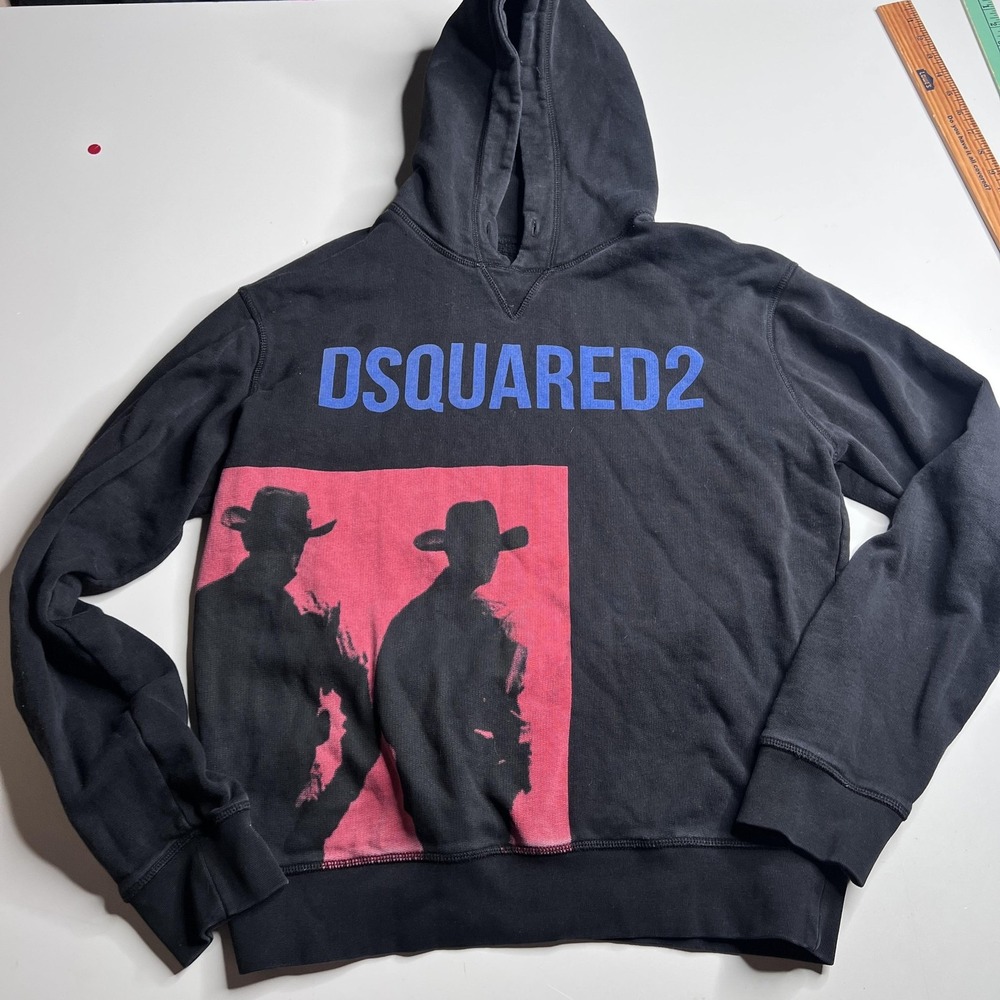 Dsquared2 Dean Fit Hoodie Black Cowboy Graphic Print Sweatshirt S71GU0253 Large